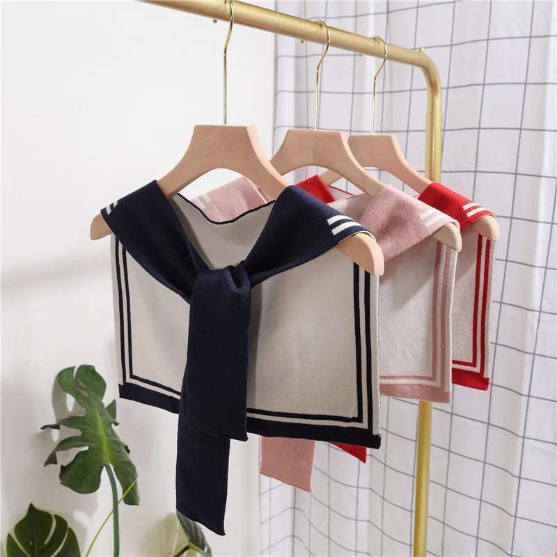 Korean College Navy Stripe Wool Knit Shoulder Cape Knotted Warm Overlapping Shawl Women Summer Neck Scarf T56