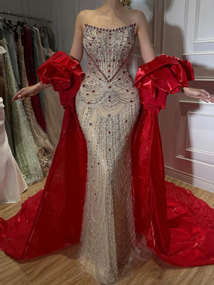 Serene Hill Luxury Red Crystal Beaded Mermaid Evening Dress with Detachable Puffy Sleeves and Satin Cape LA72903A Customized