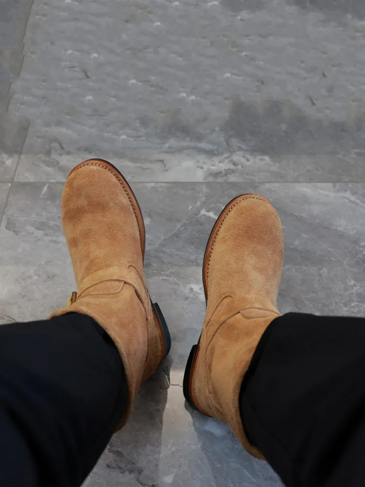 Men New Handmade Comfortable Buckle Ankle Boots High Top Mid Heel Sneakers Classic Cow Suede Leather Work Shoes Motorcycle Boots