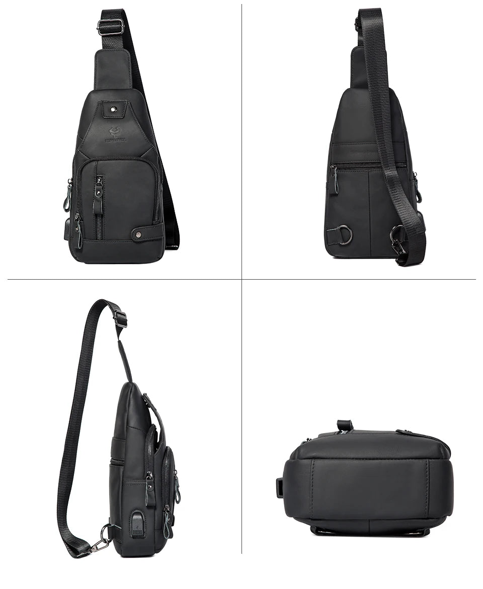 HUMERPAUL Men's Usb Chest Bag 100% Genuine Leather Crossbody Shoulder Bags Multifunction Travel Outdoor Messenger Pack Fashion