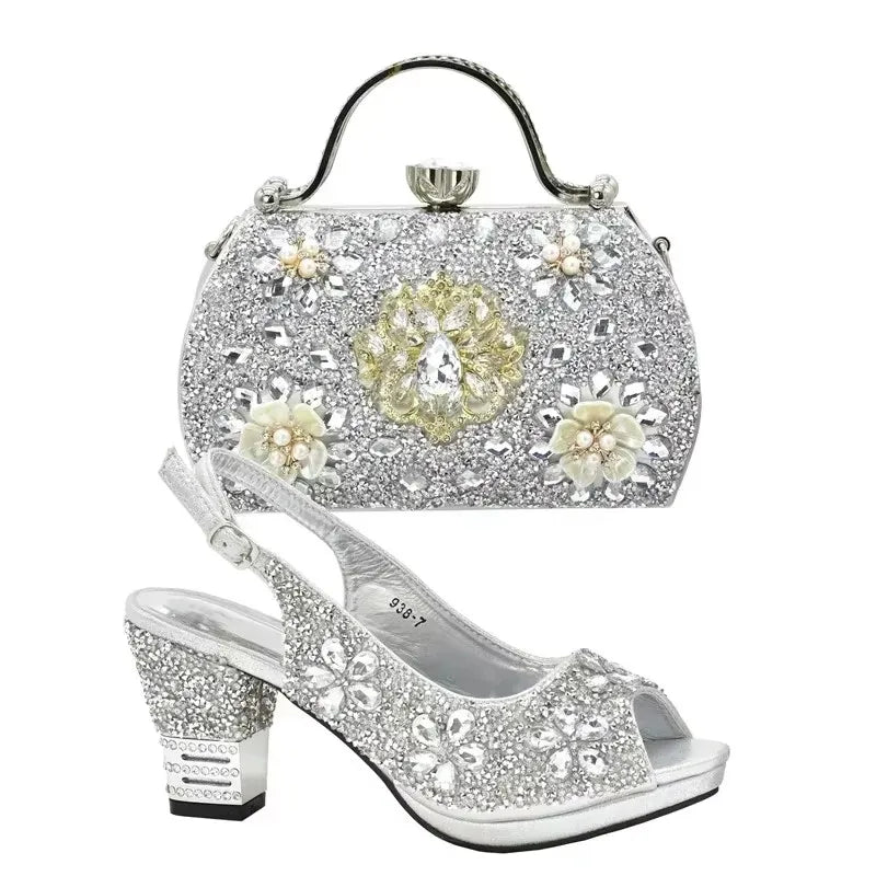 Nigerian Shoes and Matching Bags Sales in Women Matching Shoes and Bag Set for Party Rhinestone Wedding Shoes for Women Bride