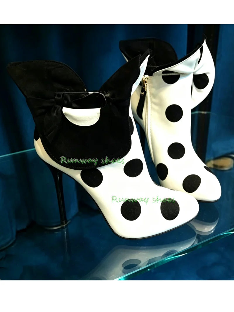 Black And White Polka Dots Ankle Boots Equipped With Large Bow With Ruffles Boot Pointed Tip Stiletto Heels Party Women's Boots