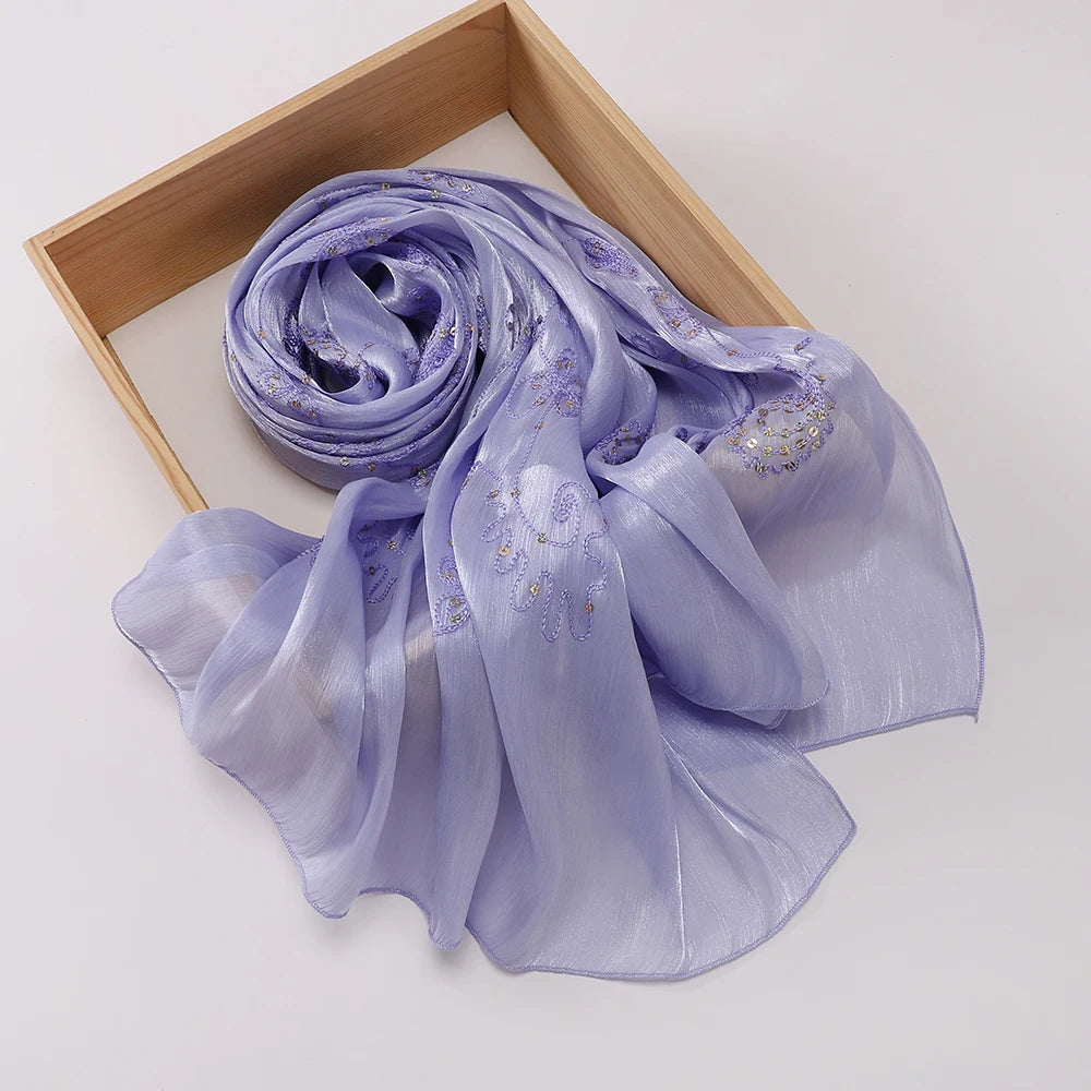 Elegant Embroidery Glitter Shimmer Hijab Shawl Pleated Glitter Chiffon Shawl Lightweight Crinkle Flowy Plain Hijab Scarves
