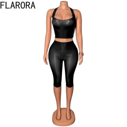 FLARORA Sexy Mesh See Through 2 Piece Sets Woman Halter Crop Tank Tops And Skinny Capri Pants Hottie Midnight Party Club Suits