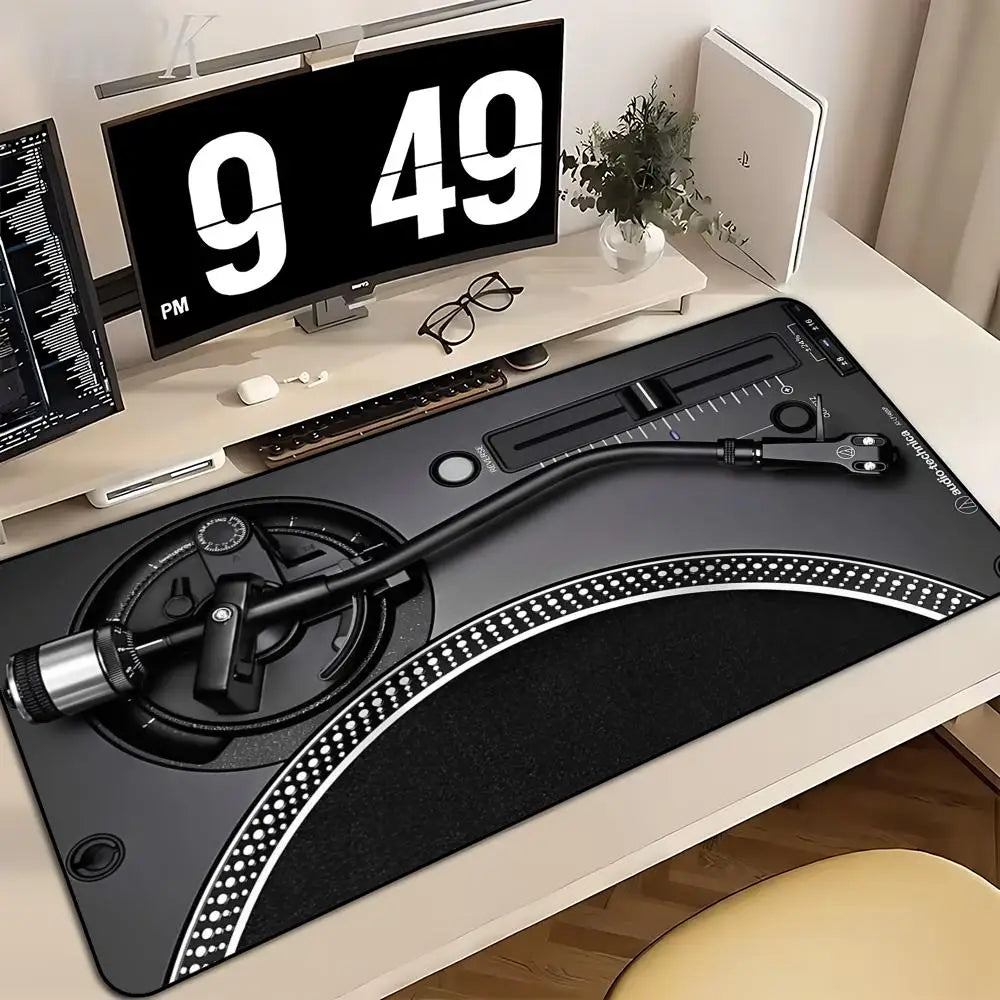 Retro Vinyl Turntable DJ Design Extended Mouse Pad Non‑Slip Rubber Base Tech Style Large Gaming Desk Table Play Mat PC Laptop