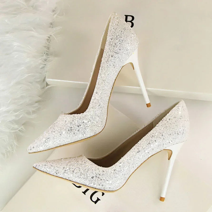 Women Luxury Bling Red  Blue Valentine Party Scarpins Pumps Lady Glitter Sequins 7cm 9.5cm High Heels Designer Shoes Plus Size