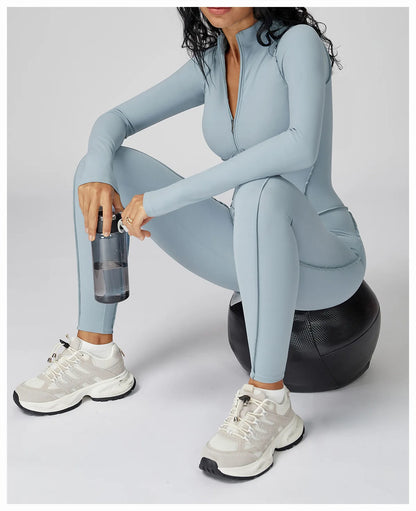 Sexy Rompers Workout Zipper Jumpsuit Long Sleeves Sports Bodysuits Women Gym Running Fitness Suits Gym Tracksuit Sportswear