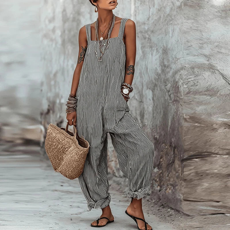 Summer Sleeveless Long Pants Jumpsuit Women Casual Striped Printed Pocket Playsuits For Women Fashion Loose Rompers Blue