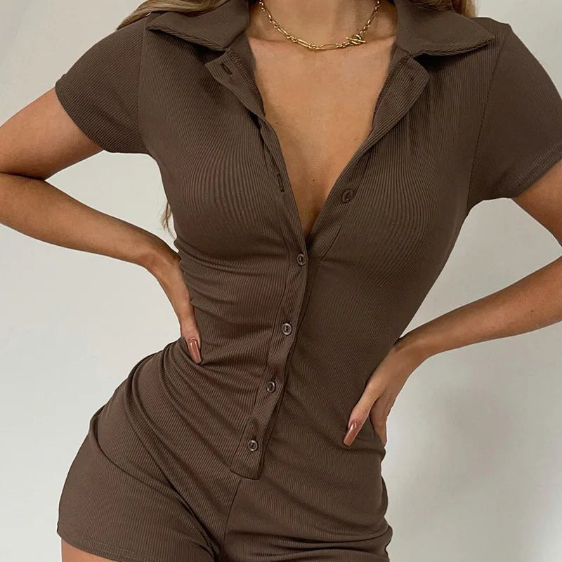 Fashion Solid Color Lapel Short Playsuit One-Piece Slim Fit Button Down Short Sleeve Rompers Casual Knit Y2k Womens Clothing