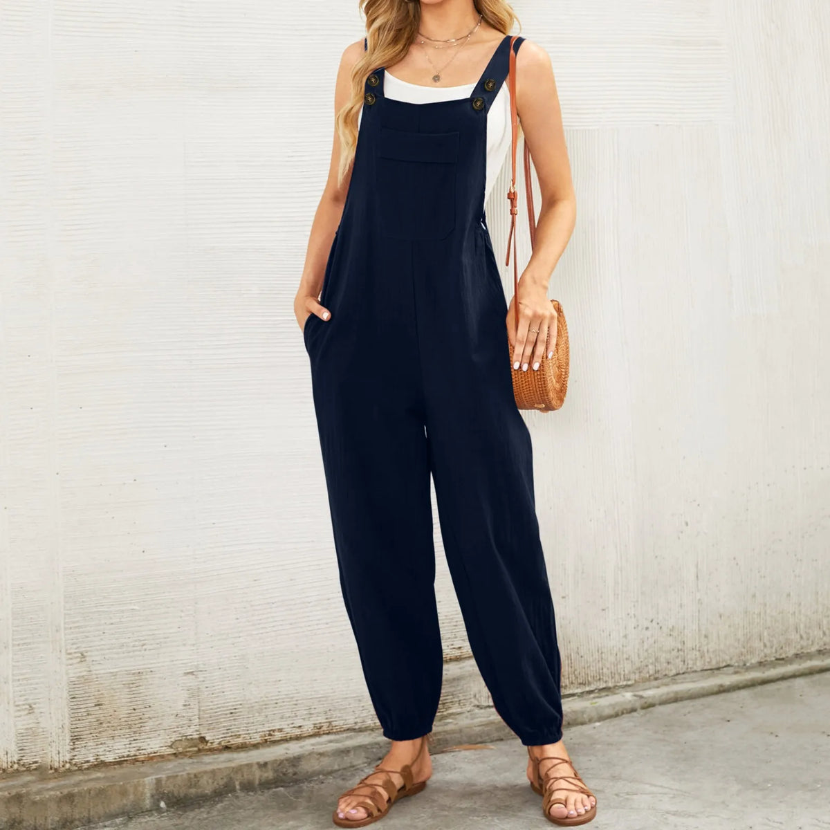 Women'S Sleeveless Overalls Jumpsuit Casual Solid Color Summer Wide Leg Bib Pants Bottons Jumpsuits Rompers With Pockets
