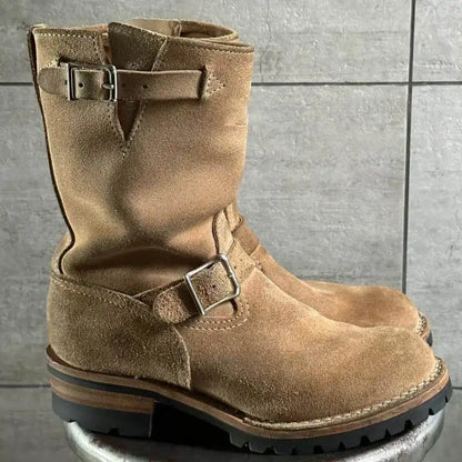 Fashion Men's Khaki Cow Suede Work Boots Mid-Calf Engineer Boots Faded Metal Buckle Strap Motorcycle Knight Boots Sewing