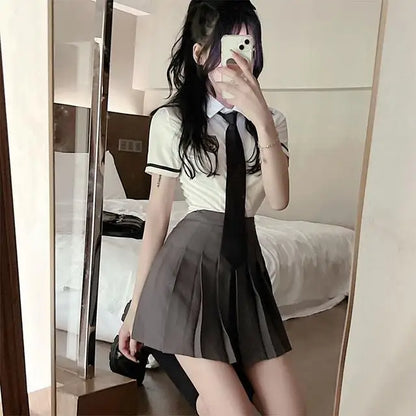 2025 improved daily jk uniform summer new white short/long sleeve shirt + pleated skirt jk uniform two-piece set for women w237