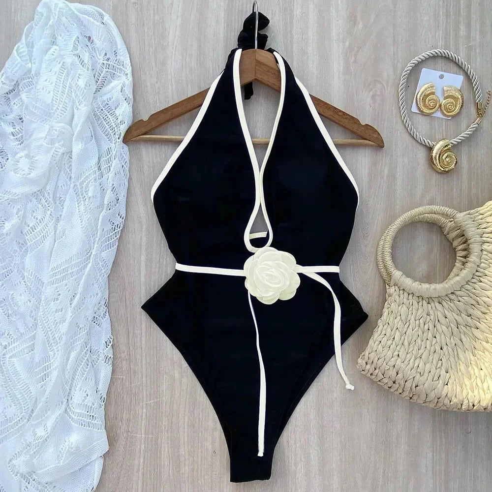 Floral One Piece Swimsuit New Halter Bandage Swimwear Women Swimsuit Bathing Suit Beachwear Monokini Female Swimming Suits