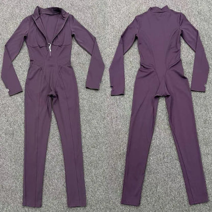 Zipper Jumpsuits for Woman No Padding Sports Overalls for Women Long Sleeve Gym Clothes Woman Activewear 2026 Purple Coffee XL