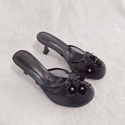 Summer mesh flower beads women slide sexy thin heel sandal