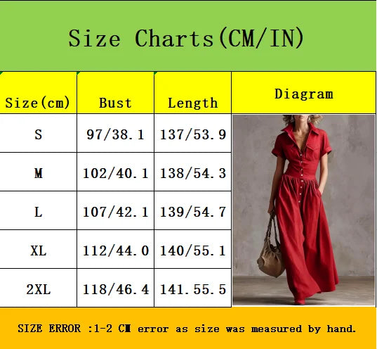 Women's Western Solid Color Woven Button-Down Collar Short Sleeve Long Dress