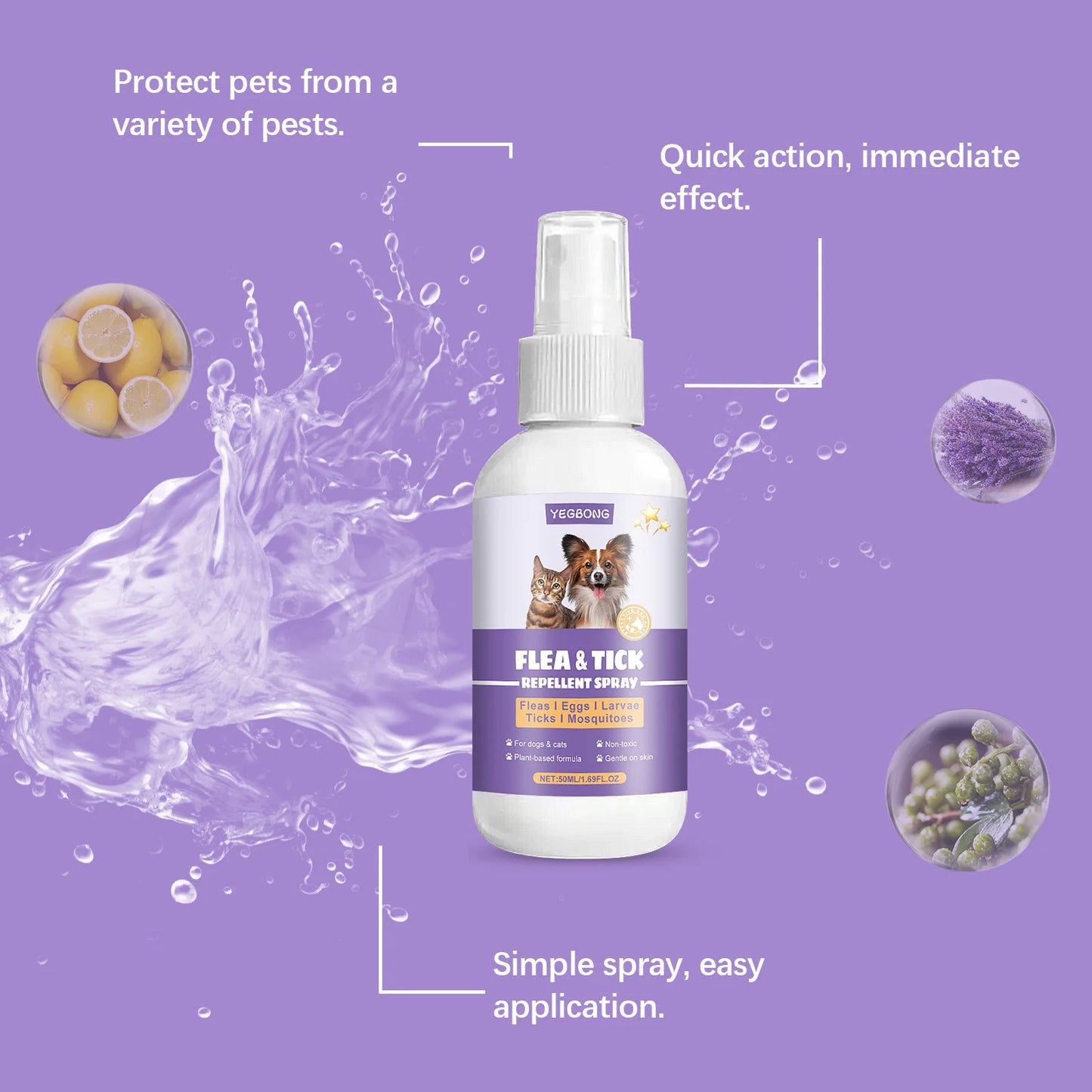 Pet Flea Tick Repellent Spray Waterproof Fur Clean Relieve Skin Itching Remove Mite Lice Dogs Cats External Insect Spray 50ml