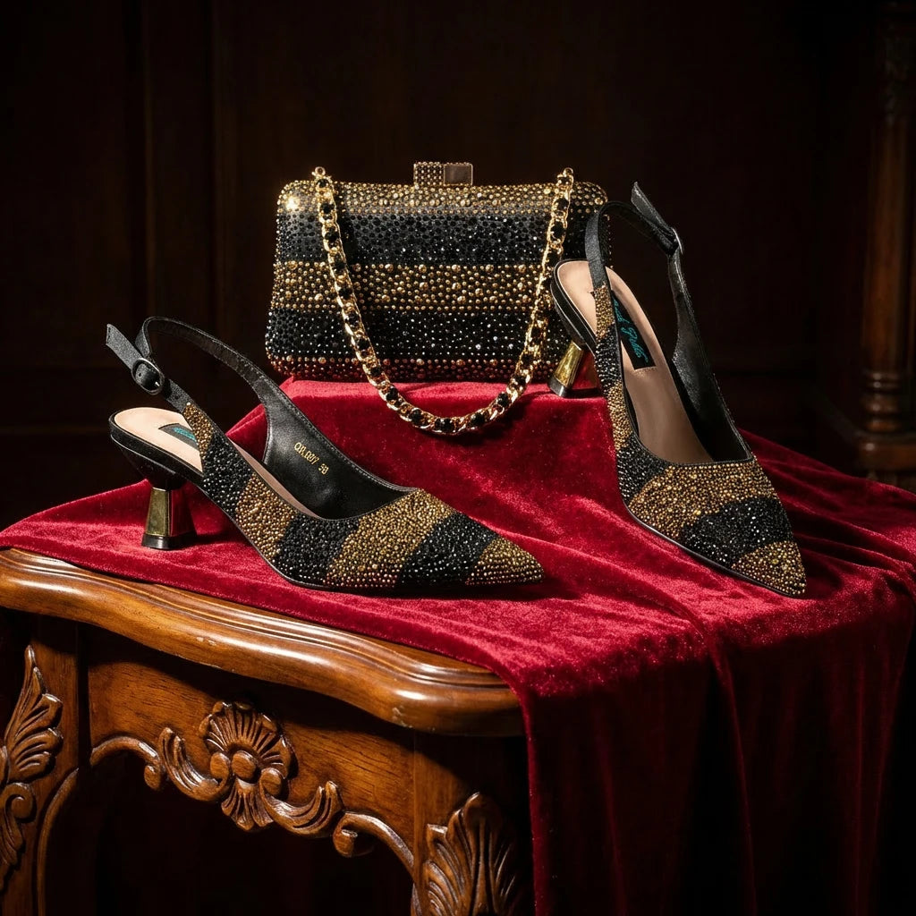 QSGFC Ladies High Quality Women's Pumps Black Gold Shoes and Bag Set DURABLE OUTSOLE Italian Fashion Design For Nigeria Wedding