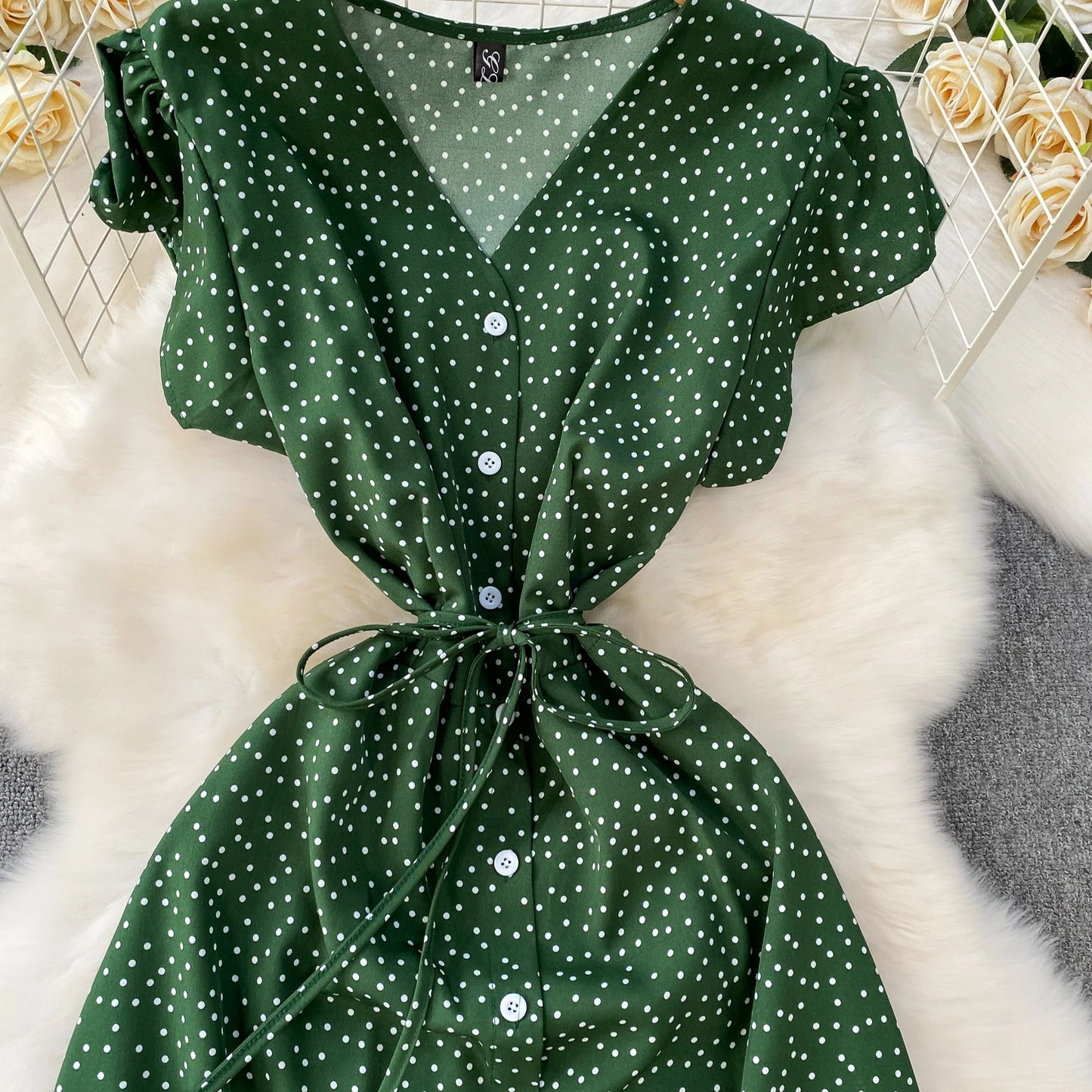 Summer Women Polka Dot Long Dress Vintage V-Neck Flying Sleeve High Waist Single Breasted A-Line Casual Vestidos Female Robe New