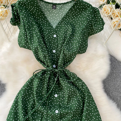 Summer Women Polka Dot Long Dress Vintage V-Neck Flying Sleeve High Waist Single Breasted A-Line Casual Vestidos Female Robe New