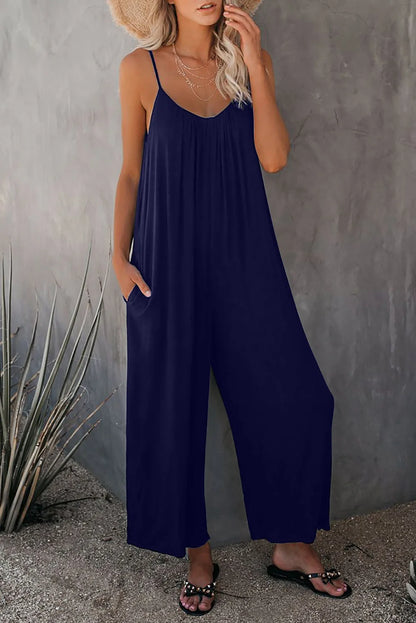 Strap jumpsuit for women's summer new cross-border solid color inserted bag casual jumpsuit