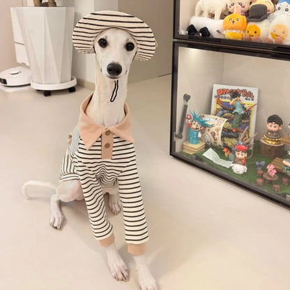 Dog Clothes in Spring Khaki Strips Polo Shirt with Pocket for Italy Greyhound Soft Long Sleeves Cotton Coat Hat Suit for Whippet