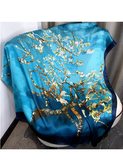 Designer Almond Blossoms Printed Silk Scarf Women Luxury Sun Protection Shawl Ladies Summer Beach Pareo Sarong Travel Wrap 180cm