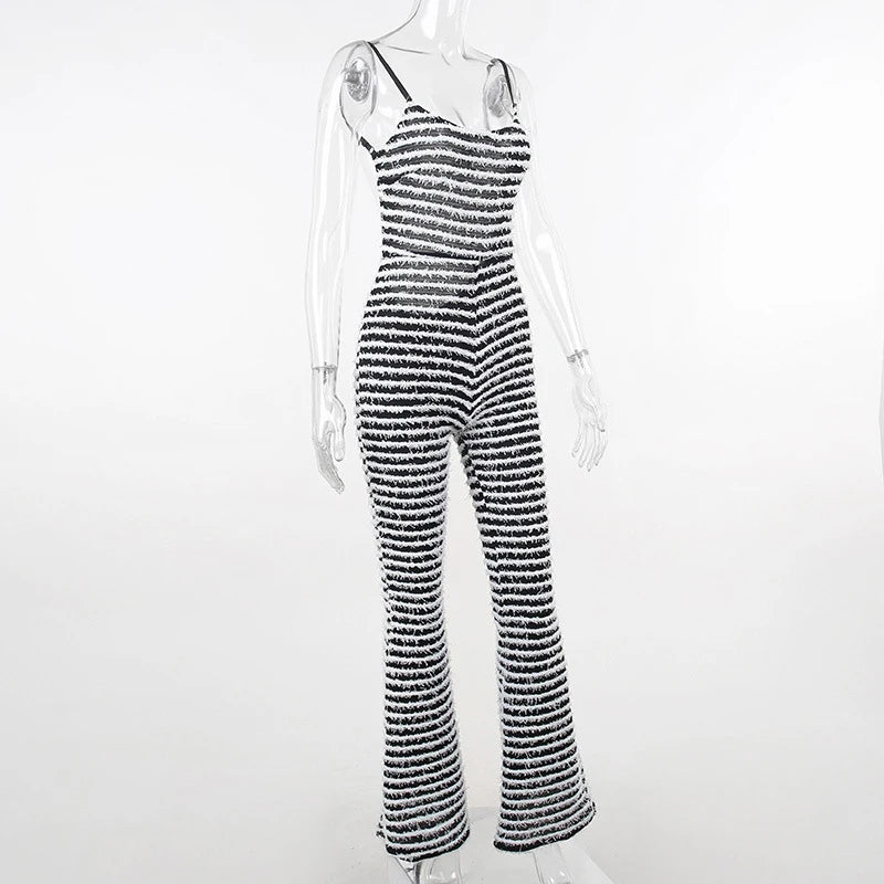 OMSJ New Style Backless Jumpsuits For Women Sexy Camisoles High Waist Hip Lifting Striped One-piece Rompers Flare Pants Clubwear