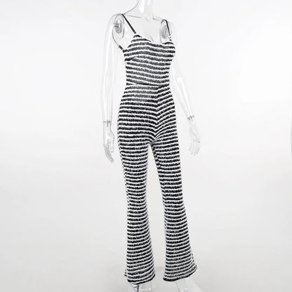 OMSJ New Style Backless Jumpsuits For Women Sexy Camisoles High Waist Hip Lifting Striped One-piece Rompers Flare Pants Clubwear