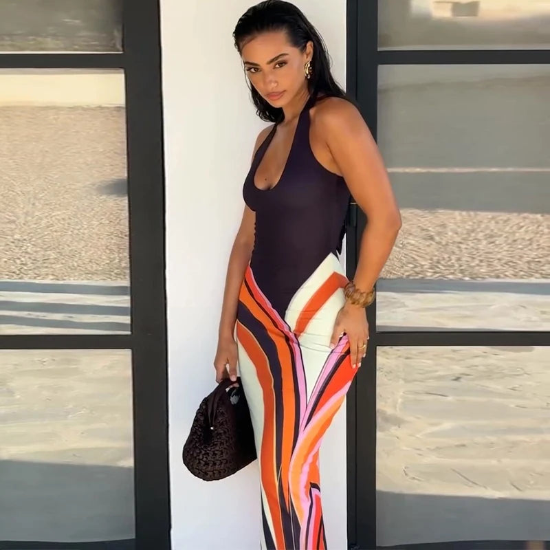 Sexy Print Women Long Dress Party Deep V-neck Sleeveless Backless Hip Package Female Dresses 2026 Summer Holidays Lady Robe