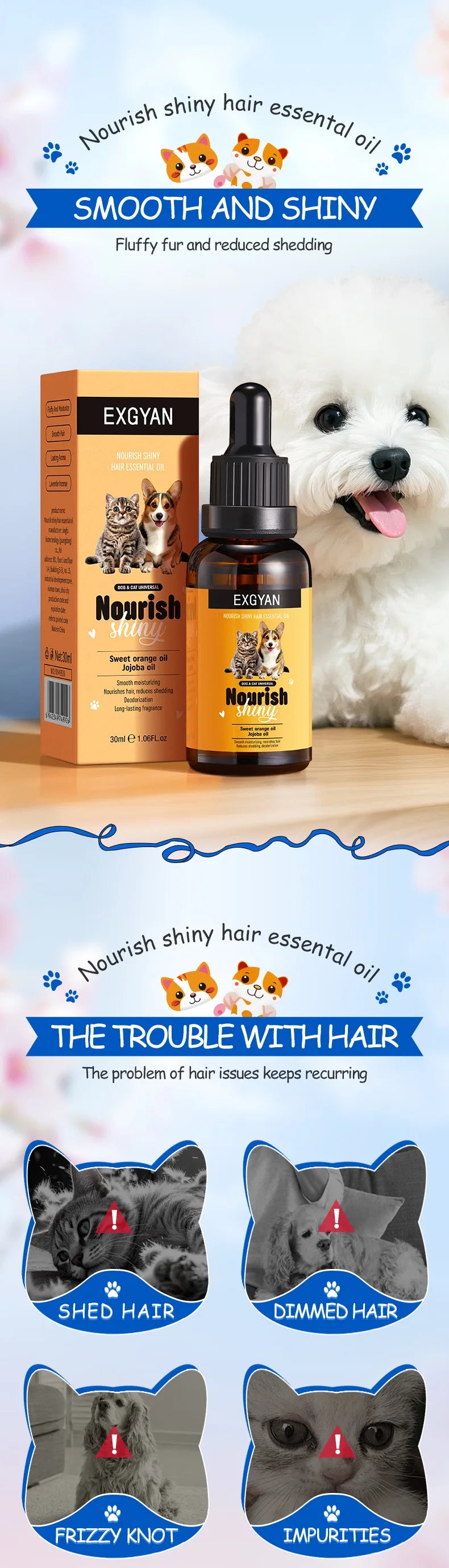 Pet dogs, cats, nourishing and brightening hair care essential oils, smooth and long-lasting fragrance, deodorizing
