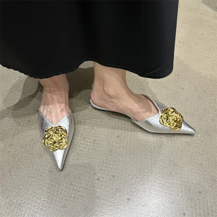 Flower Women Flats Slippers Pointed Toe Elegant Mules Shoes Fad Slingback Sandals 2025 Summer New Luxury Flip Flops Mujer Slides