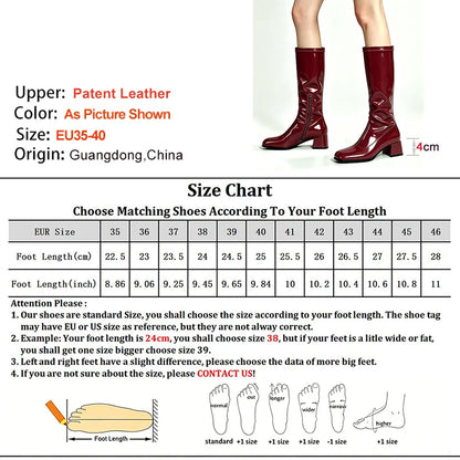 New Spring Autumn Wine Red Patent Leather Women Knee High Boots Block Heel 4cm Side Zipper Square Toe Pleated Ladies Boots Shoes