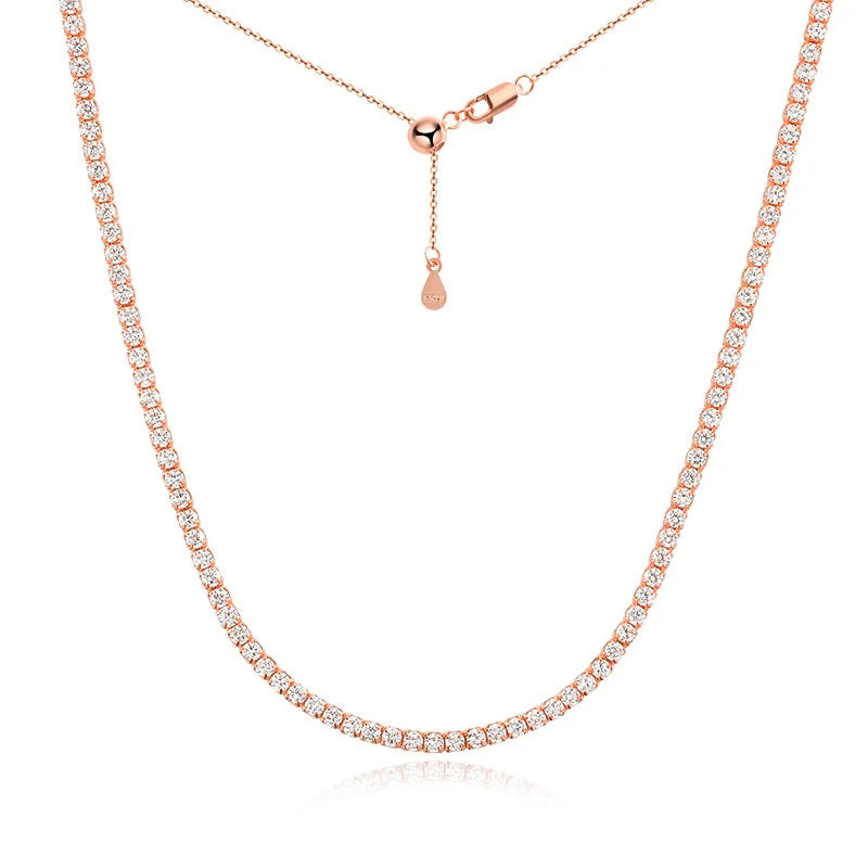 KNOBSPIN 2mm Moissanite Tennis Necklaces for Women Solid s925 Silver Adjustable Choker Chain Wedding Diamond Rhinestone Necklace