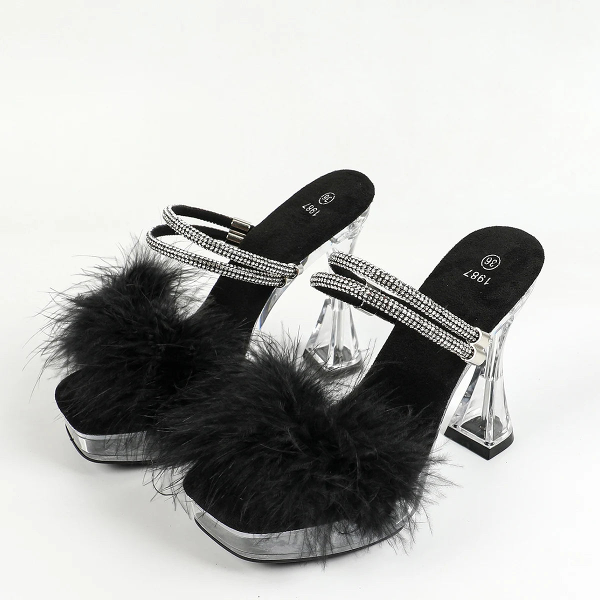 12CM Slippers For Women Gladiator Square Toe High Heels Summer Party Female Fur Sandals Plus Size Luxury Rhinestone Models Shoes