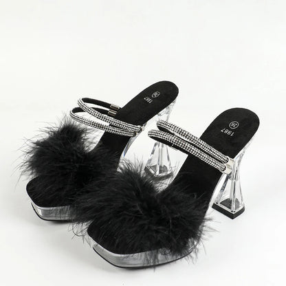 12CM Slippers For Women Gladiator Square Toe High Heels Summer Party Female Fur Sandals Plus Size Luxury Rhinestone Models Shoes