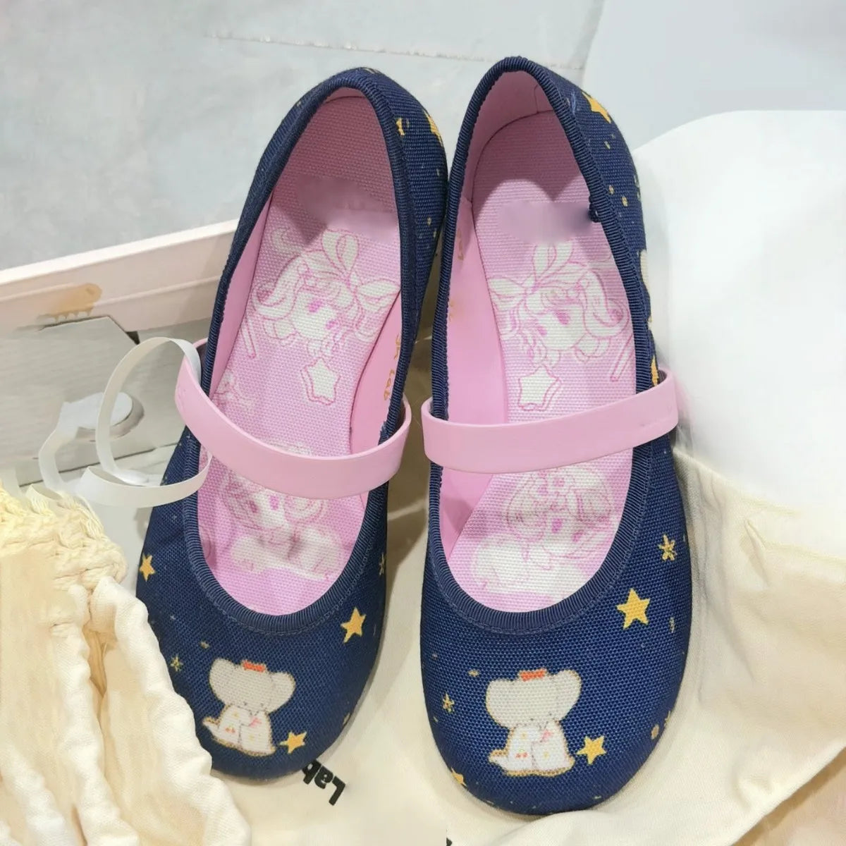 Denim Elephant Print Mary Jane Shoes For Women, Round Toe, Flat Ballet Shoes With a Shallow Neckline