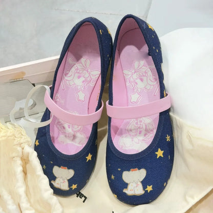 Denim Elephant Print Mary Jane Shoes For Women, Round Toe, Flat Ballet Shoes With a Shallow Neckline