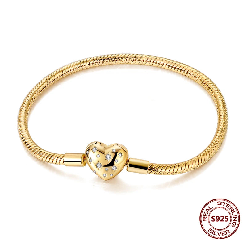 Silver 925 Bracelet Original Bracelets Colorful Zircon Heart Flower Cat Snake Chain For DIY Charms 17-20CM Luxury Jewelry Gifts