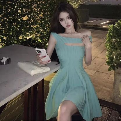 Women's Off Shoulder Knit Mini Dress Hollow Out Chest Flared Skirt Solid Color Party Evening Dress