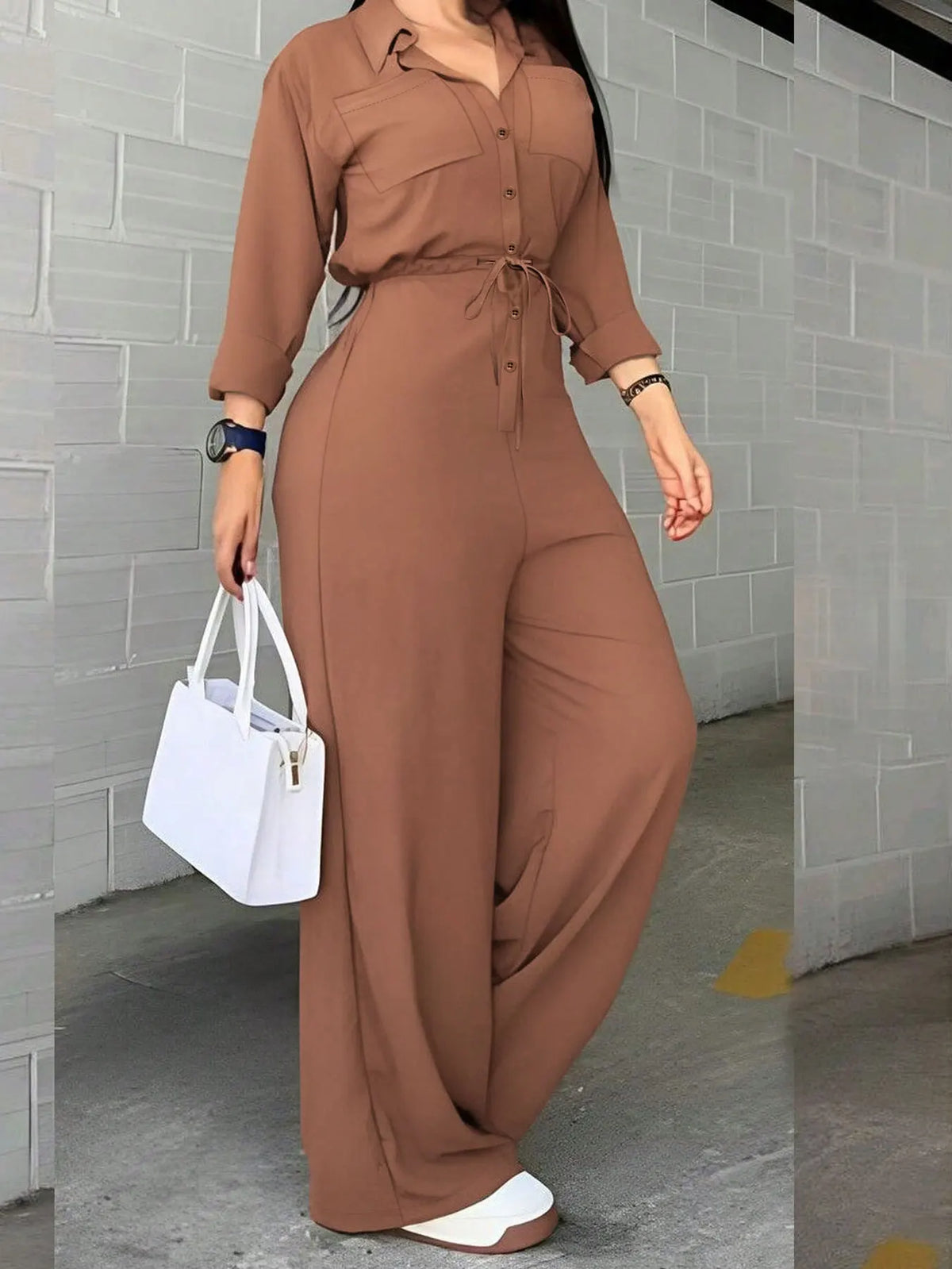 Jumpsuits for Women New Long Sleeve Turn Down Collar Lace-up Wide-leg Women Jumpsuit Monos Mujer Casual Verano