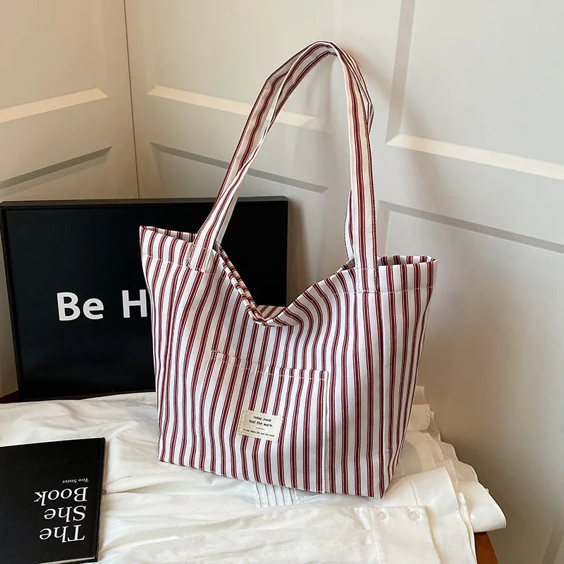 Contrast Color Stripes Women Shoulder Bags Versatile Ladies Large Capacity Tote Bag Lightweight Portable Female Shopping Handbag
