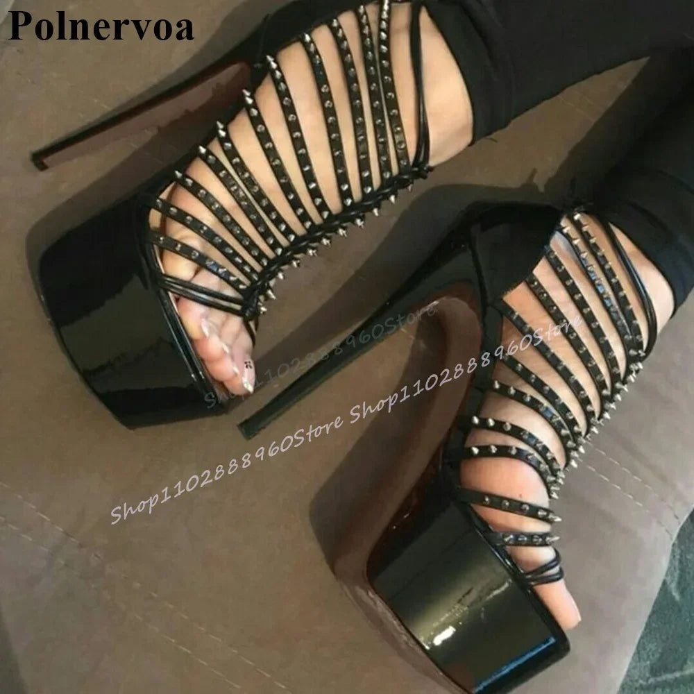 Stylish Black Platform Strappy Rivet Sandals Thin High Heel Women Shoes Back Zipper Open Toe 2025 Fashion Zapatos Para Mujere