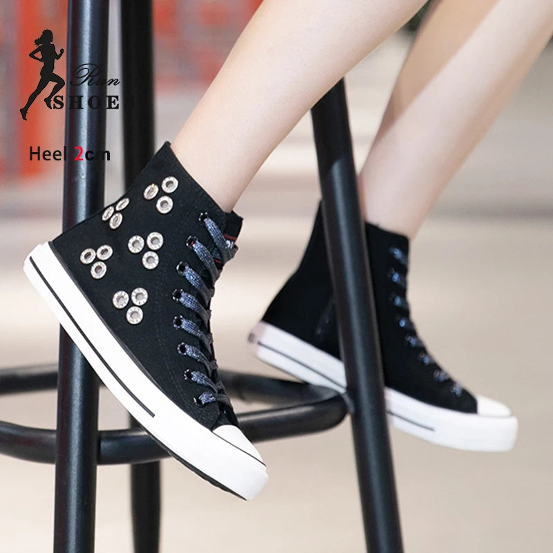 Breathable Hollow Canvas Short Boots Summer Women Black Casual Shoes Punk Rivet Flat Bottomed Shoes 2CM Woman High top Sneakers