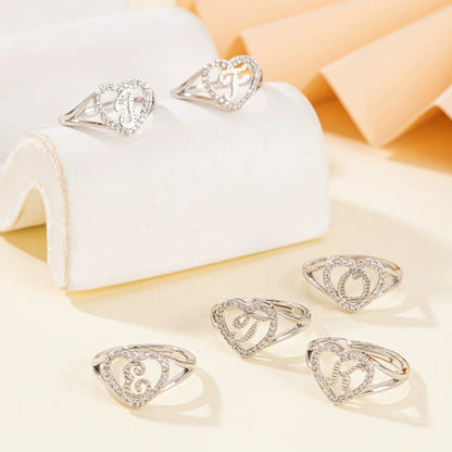 White Zircon 26 Letters A-Z Love Heart Open Adjustable Rings For Women Gold Silver Color Wedding Band Jewelry Mother's Day Gifts