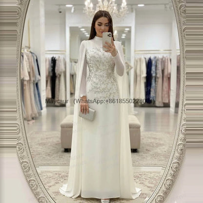 Luxury Wedding Dresses Woman Mermaid Bride Gowns Sexy Long Sleeve Formal Appliques Shawl High Neck Customized Vestidos De Novia