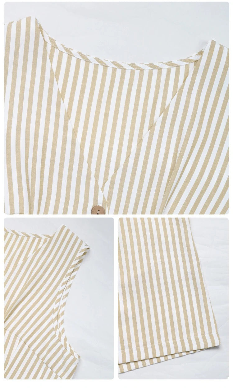 Ladies Striped Sleeveless Belted Romper, Loose Single Breasted Summer Jumpsuit Casual Streetwear