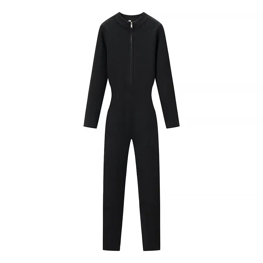 Women's Chic Skateboard One-piece Knitted Elastic Bodycon Bodysuit Lady Sexy Long Sleeve Zipper Inner Skiing Sports Jumpsuits
