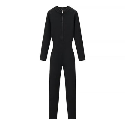 Women's Chic Skateboard One-piece Knitted Elastic Bodycon Bodysuit Lady Sexy Long Sleeve Zipper Inner Skiing Sports Jumpsuits