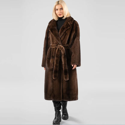 Ladies High Quality Real Mink Fur Coat with Belt Winter Warm European Street Style Women's Fashion Outerwear